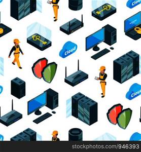 Vector electronic system of data center icons pattern or background illustration. Security and protection online, database antivirus storage. Vector electronic system of data center icons pattern or background illustration
