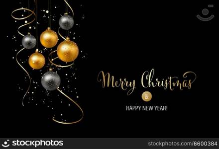 Vector elegant Christmas background with gold and black evening baubles. Christmas background with gold baubles and serpentine
