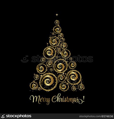 Vector elegant Christmas tree with gold evening baubles. elegant Christmas background with gold baubles