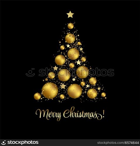 Vector elegant Christmas tree with gold evening baubles. elegant Christmas background with gold baubles