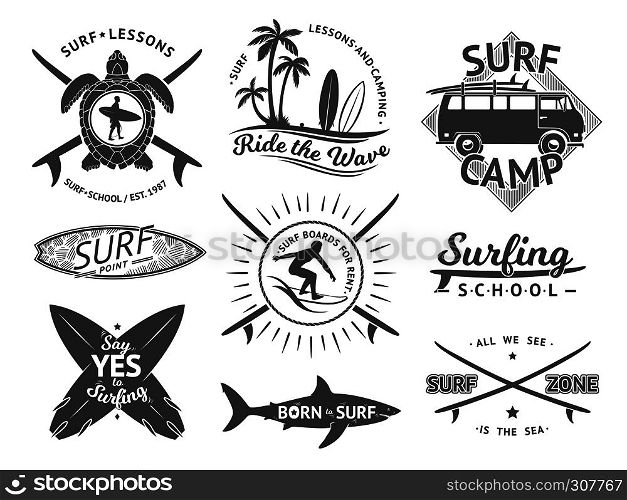 Vector elements for labels or badges. Surfing, hawaii surfboard and sea. Monochrome illustration set. Surfer monochrome emblem of set. Vector elements for labels or badges. Surfing, hawaii surfboard and sea. Monochrome illustration set
