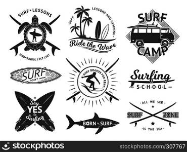Vector elements for labels or badges. Surfing, hawaii surfboard and sea. Monochrome illustration set. Surfer monochrome emblem of set. Vector elements for labels or badges. Surfing, hawaii surfboard and sea. Monochrome illustration set