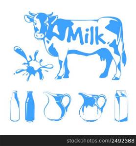 Vector elements for milk logos, labels and emblems. Food farm, cow and fresh natural beverage illustration. Vector elements for milk logos, labels and emblems