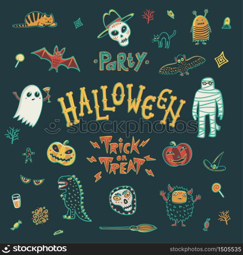 vector elements for use in design of invitations, flyers, postcards, posters, prints, stickers etc. set includes the lettering helloween, the words trick or treat, the title party, skull with hat, ghost, black cat, pumpkin, monster, reptile, broom, candy, beer, grave, owl, orange monster, mummy, witch hat, angry eyes, cocktail, blood, bat, decorative skull.. Halloween Character set.