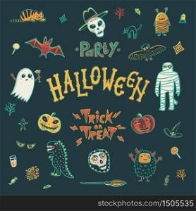 vector elements for use in design of invitations, flyers, postcards, posters, prints, stickers etc. set includes the lettering helloween, the words trick or treat, the title party, skull with hat, ghost, black cat, pumpkin, monster, reptile, broom, candy, beer, grave, owl, orange monster, mummy, witch hat, angry eyes, cocktail, blood, bat, decorative skull.. Halloween Character set.