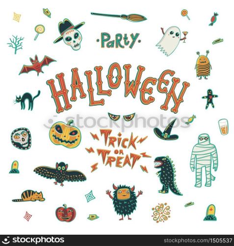 vector elements for use in design of invitations, flyers, postcards, posters, prints, stickers etc. set includes the lettering helloween, the words trick or treat, the title party, skull with hat, ghost, black cat, pumpkin, monster, reptile, broom, candy, beer, grave, owl, orange monster, mummy, witch hat, angry eyes, cocktail, blood, bat, decorative skull.. Vector Illustration of Brand Identity for Halloween Promotion on white