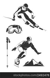 Vector elements for vintage ski and snowboard labels and emblems. Ski sport, ski label badge, emblem snowboard, extreme ski and snowboard illustration. Vector elements for vintage ski and snowboard labels emblems