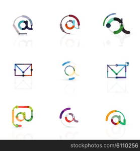 Vector email business symbols or at signs logo set. Linear minimalistic flat icon design collection. Vector email business symbols or at signs logo set. Linear minimalistic flat icons - collection connected multicolored segments of lines