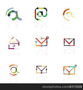 Vector email business symbols or at signs logo set. Linear minimalistic flat icon design collection. Vector email business symbols or at signs logo set. Linear minimalistic flat icons - collection connected multicolored segments of lines