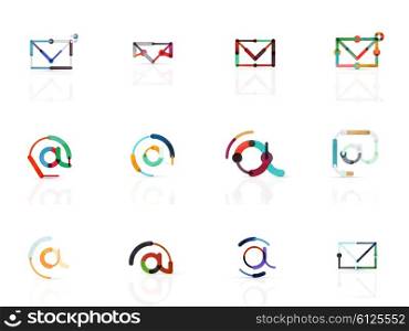 Vector email business symbols or at signs logo set. Linear minimalistic flat icon design collection. Vector email business symbols or at signs logo set. Linear minimalistic flat icons - collection connected multicolored segments of lines