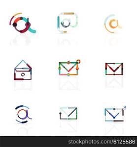 Vector email business symbols or at signs logo set. Linear minimalistic flat icon design collection. Vector email business symbols or at signs logo set. Linear minimalistic flat icons - collection connected multicolored segments of lines