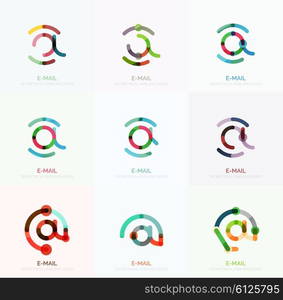 Vector email business symbols or at signs logo set. Linear minimalistic flat icon design collection. Vector email business symbols or at signs logo set. Linear minimalistic flat icons - collection connected multicolored segments of lines