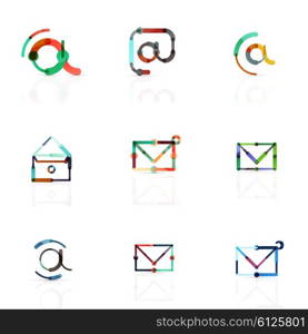 Vector email business symbols or at signs logo set. Linear minimalistic flat icon design collection. Vector email business symbols or at signs logo set. Linear minimalistic flat icons - collection connected multicolored segments of lines