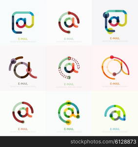 Vector email business symbols or at signs logo set. Linear minimalistic flat icon design collection. Vector email business symbols or at signs logo set. Linear minimalistic flat icons - collection connected multicolored segments of lines