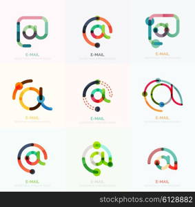 Vector email business symbols or at signs logo set. Linear minimalistic flat icon design collection. Vector email business symbols or at signs logo set. Linear minimalistic flat icons - collection connected multicolored segments of lines