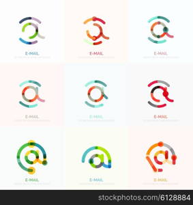 Vector email business symbols or at signs logo set. Linear minimalistic flat icon design collection. Vector email business symbols or at signs logo set. Linear minimalistic flat icons - collection connected multicolored segments of lines