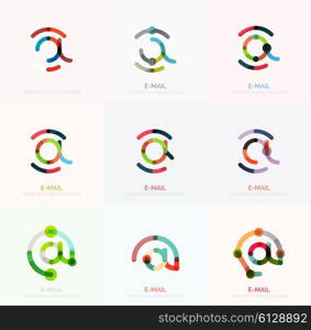 Vector email business symbols or at signs logo set. Linear minimalistic flat icon design collection. Vector email business symbols or at signs logo set. Linear minimalistic flat icons - collection connected multicolored segments of lines