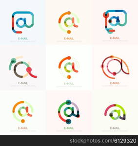 Vector email business symbols or at signs logo set. Linear minimalistic flat icon design collection. Vector email business symbols or at signs logo set. Linear minimalistic flat icons - collection connected multicolored segments of lines