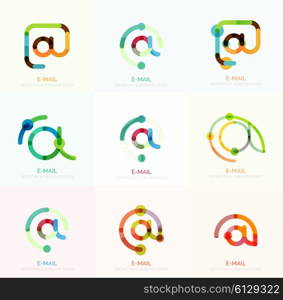 Vector email business symbols or at signs logo set. Linear minimalistic flat icon design collection. Vector email business symbols or at signs logo set. Linear minimalistic flat icons - collection connected multicolored segments of lines