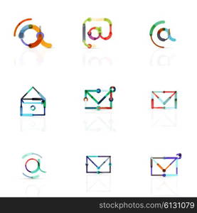 Vector email business symbols or at signs logo set. Linear minimalistic flat icon design collection. Vector email business symbols or at signs logo set. Linear minimalistic flat icons - collection connected multicolored segments of lines