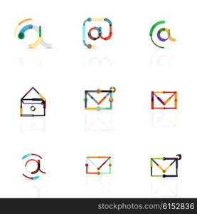 Vector email business symbols or at signs logo set. Linear minimalistic flat icon design collection. Vector email business symbols or at signs logo set. Linear minimalistic flat icons - collection connected multicolored segments of lines