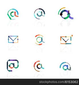 Vector email business symbols or at signs logo set. Linear minimalistic flat icon design collection. Vector email business symbols or at signs logo set. Linear minimalistic flat icons - collection connected multicolored segments of lines