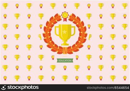 Vector emblem with a gold Cup and a Laurel wreath. Welcome back to school. Press wall for a photo shoot. Vector emblem of education.