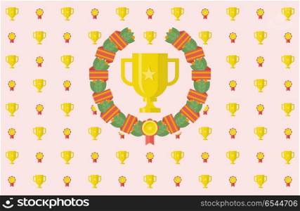 Vector emblem with a gold Cup and a Laurel wreath. Welcome back to school. Press wall for a photo shoot. Vector emblem of education.