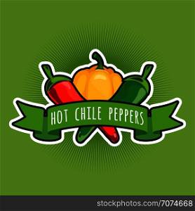 Vector emblem with chile and sweet peppers. Color ripe pepper emblem illustration. Vector emblem with chile and sweet peppers