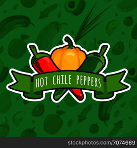 Vector emblem with colorful peppers. Mexican green fresh pepper illustration. Vector emblem with colorful peppers