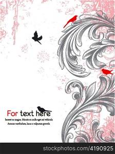 vector engraved floral background with birds