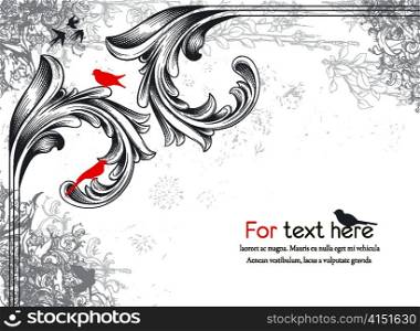 vector engraved floral corner with birds