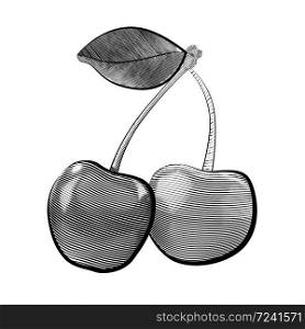 Vector engraving illustration of pair of cherries with leaf. Black and white etching illustration. The object is separated from the background. Vector element for your design. Vector engraving illustration of pair of cherries with leaf. Black and white etching illustration.