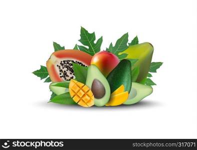 Vector EPS 10 ad 3d promotion banner, Realistic mango, avocado, papaya with falling slices, vitamins, leaves. Ice cream, yogurt, juice brand advertising. Label poster template.