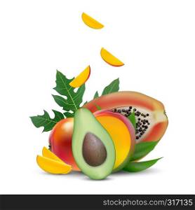 Vector EPS 10 ad 3d promotion banner, Realistic mango, avocado, papaya with falling slices, vitamins, leaves. Ice cream, yogurt, juice brand advertising. Label poster template.