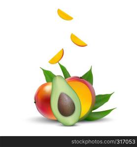 Vector EPS 10 ad 3d promotion banner, Realistic mango, avocado with falling slices, vitamins, leaves. Ice cream, yogurt, juice brand advertising. Label poster template.