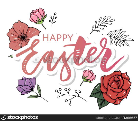 Vector EPS10 hand written lettering illustration for happy easter banner, poster, sale invitation template with colorful eggs in wreath form in cartoon. Vector EPS10 hand written lettering illustration for happy easter banner, poster, sale invitation template with colorful eggs in wreath form in cartoon flat style