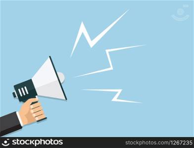 Vector, eps10, illustration. Hand holding a megaphone, flat design, promotion, social media marketing concept. Isolated on a background. . Hand holding a megaphone, flat design, promotion, social media marketing concept. Isolated on a background. Vector, eps10, illustration