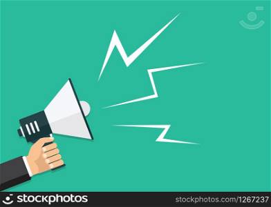 Vector, eps10, illustration. Hand holding a megaphone, flat design, promotion, social media marketing concept. Isolated on a background. . Hand holding a megaphone, flat design, promotion, social media marketing concept. Isolated on a background. Vector, eps10, illustration