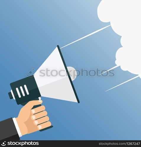 Vector, eps10, illustration. Hand holding a megaphone, flat design, promotion, social media marketing concept. Isolated on a background. . Hand holding a megaphone, flat design, promotion, social media marketing concept. Isolated on a background. Vector, eps10, illustration