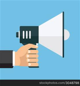 Vector, eps10, illustration. Hand holding a megaphone, flat design, promotion, social media marketing concept. Isolated on a background.. Hand holding a megaphone, flat design, promotion, social media marketing concept. Isolated on a background. Vector, eps10, illustration