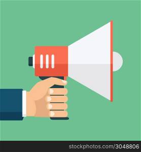 Vector, eps10, illustration. Hand holding a megaphone, flat design, promotion, social media marketing concept. Isolated on a background.. Hand holding a megaphone, flat design, promotion, social media marketing concept. Isolated on a background. Vector, eps10, illustration