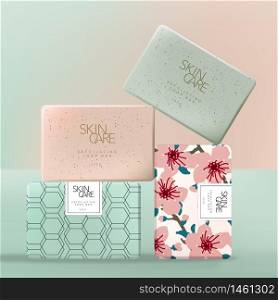 Vector Exfoliating or Scrubbing Soap Wrap Paper Packaging with Japanese Sakura Floral Blossom or Geometric Pattern. Pink & Green.