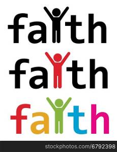 vector faith word and man with raised hands in worship prayer