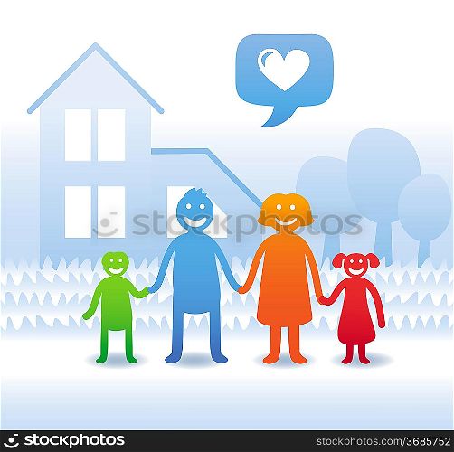 Vector family concept - happy parents and kids near their house - cartoon illustration