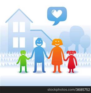 Vector family concept - happy parents and kids near their house - cartoon illustration
