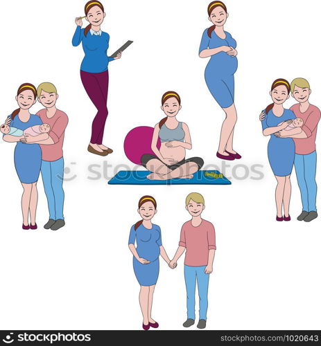 Vector family drawing, happy pregnant woman, children, husband and wife, yoga, happy couple, pregnant business woman at work.