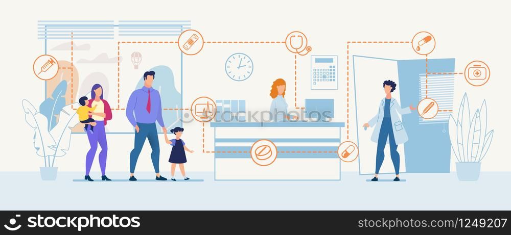 Vector Family in Hospital Doctor and Nurse Receptionist at Register Desk Greeting Welcoming Patients Coming for Consultation Illustration Medicine and Healthcare Advertising Flat Banner Template. Family Medicine Advertising Flat Banner Template