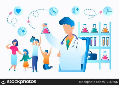 Vector Family Rejoices Positive Result Analysis. Flat Illustration Doctor in White Medical Gown, Online from Tablet Screen Reports Good Result Study. Biological Medical Laboratory. Health Care System