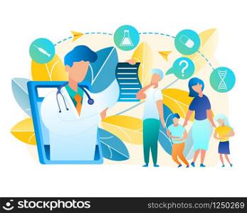 Vector Family Turned for Help Doctor Pediatrician. Illustration Men and Woman Consult Online with Doctor. Boy and Girl Holding to Sore Belly. Online Medicine Using Tablet Communication with Man Doctor